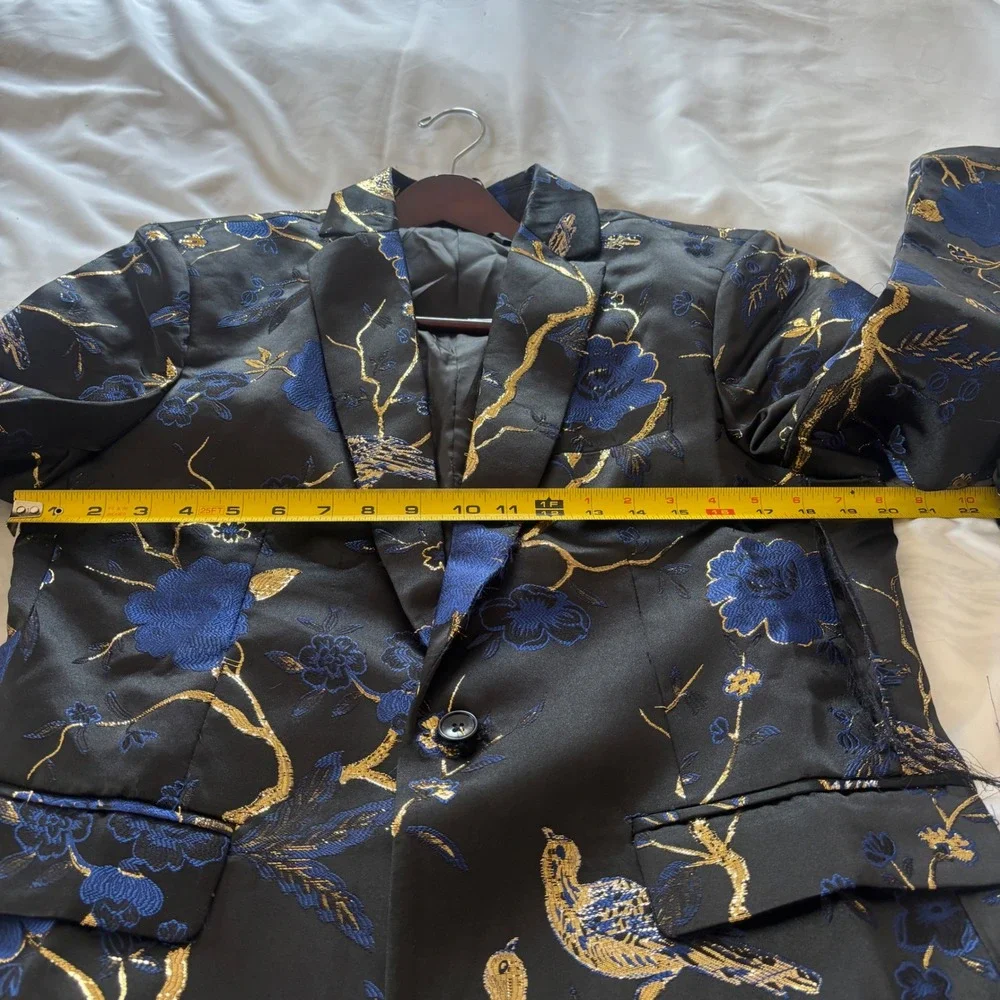 Cloudstyle Mens 2 Piece Floral Dress Suit Blue Gold Tuxedo Jacket Pants Medium